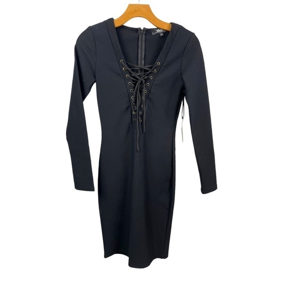 Nwt Lulus Black Long Sleeve Lace Up V Neck Bodycon Dress Size S (fits XS) - Picture 4 of 7